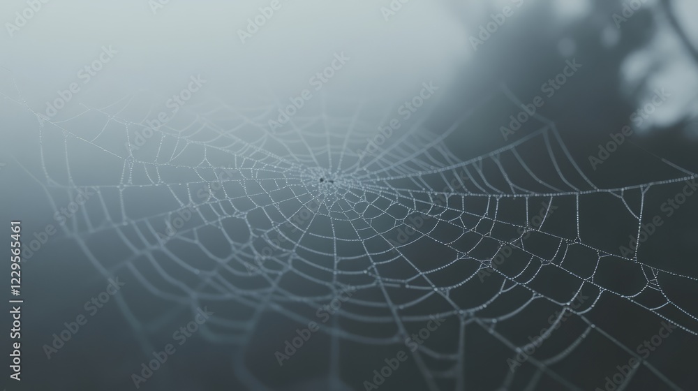 Poster close-up of a spider web adorned with dew drops in a foggy forest, showcasing the intricate patterns