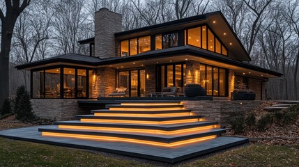Fototapeta premium Modern house, twilight forest, illuminated steps