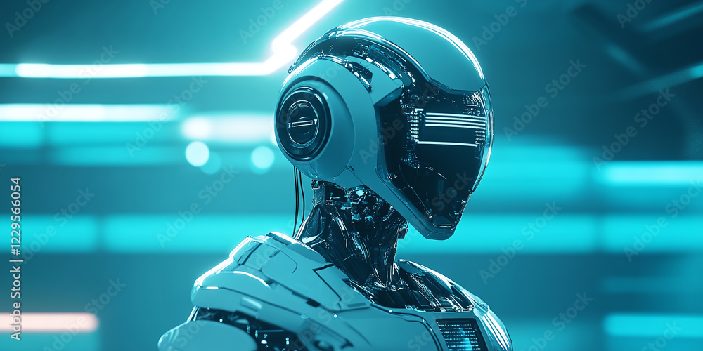 Poster a sleek humanoid robot with a futuristic helmet in a glowing cyan environment symbolizes cutting-edg