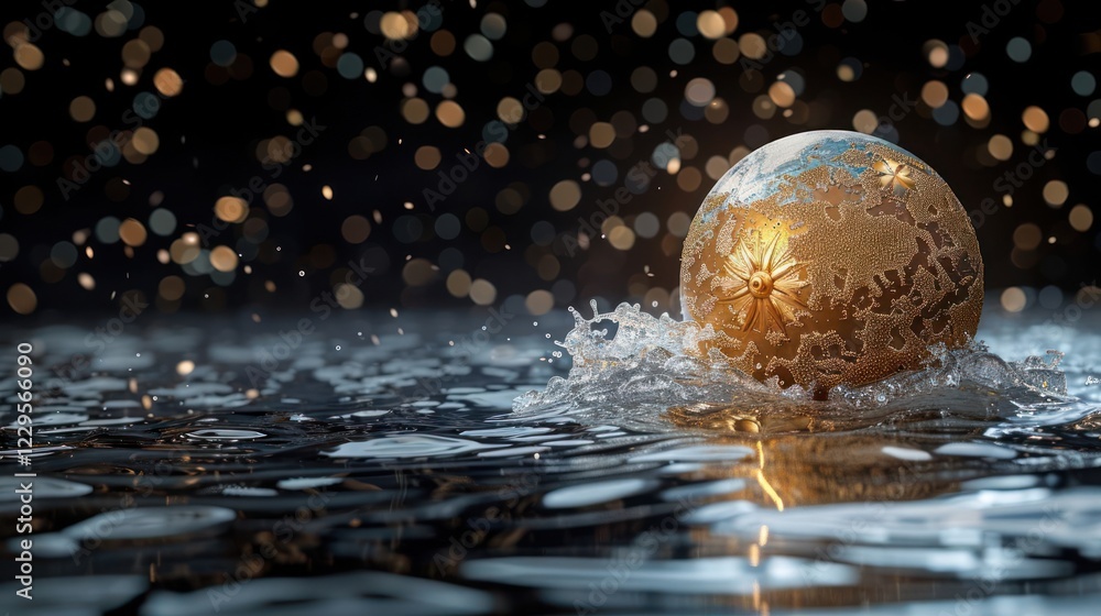 Poster golden orb splashing in water with shimmering reflections and soft bokeh background