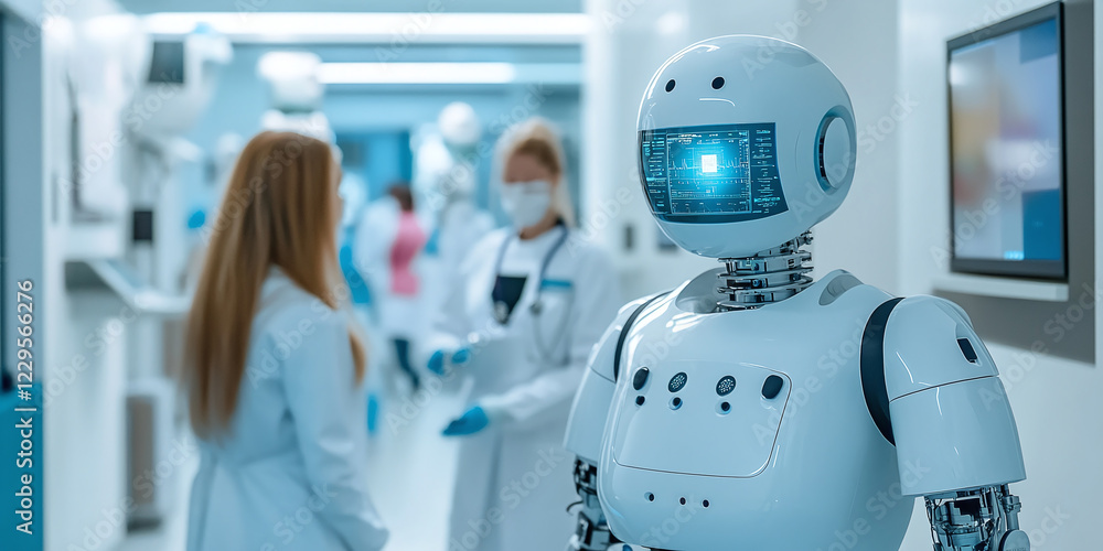 Poster a humanoid robot interacts in a modern hospital corridor with doctors, representing the integration 