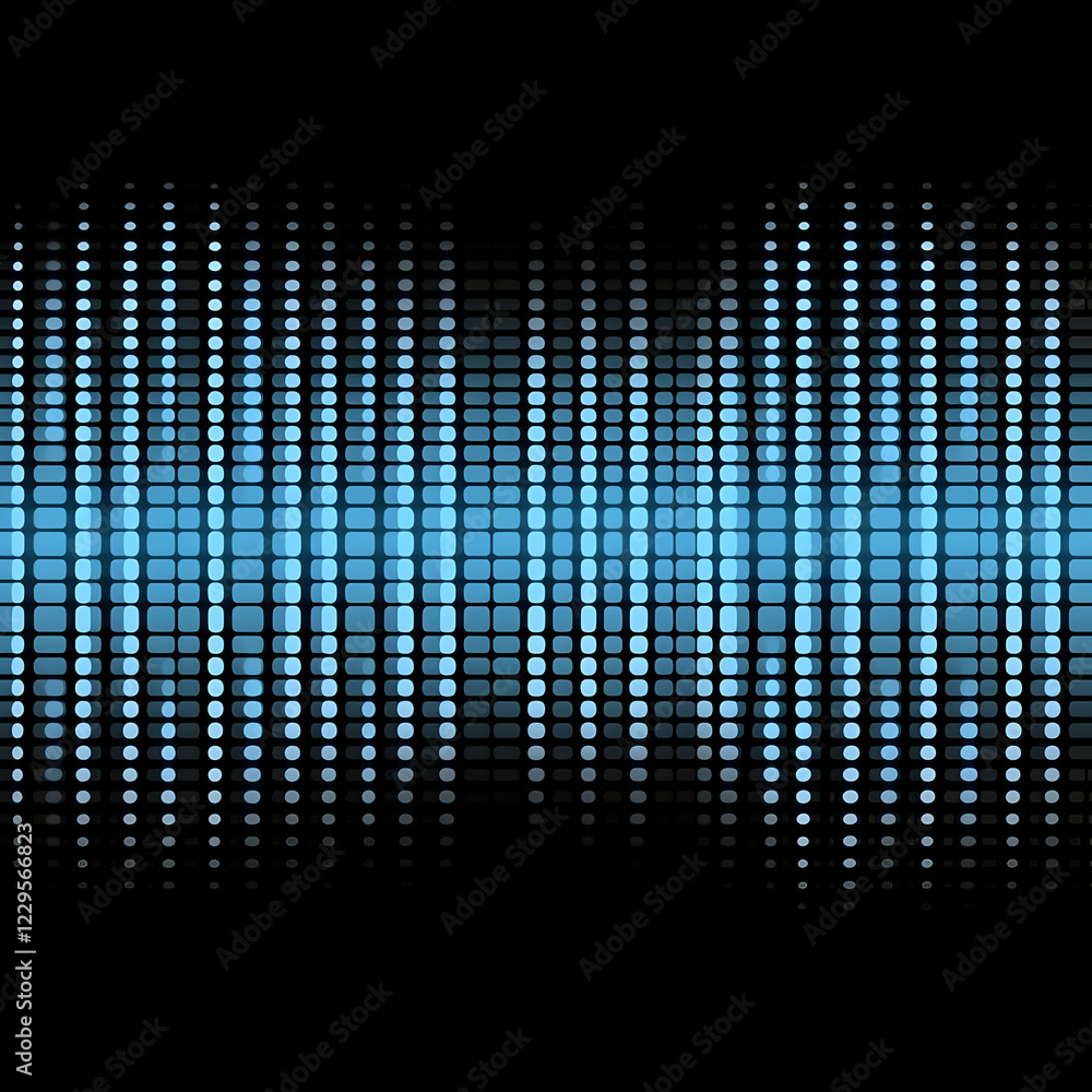 Poster abstract blue dots form a wave pattern on a black background with digital art style.