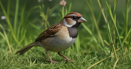 Small sparrow hopping along the grass stem with its beak poking out front, songbird, bird in motion