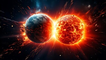 Obraz premium Two planets collide in a fiery cosmic collision, leaving a trail of debris.