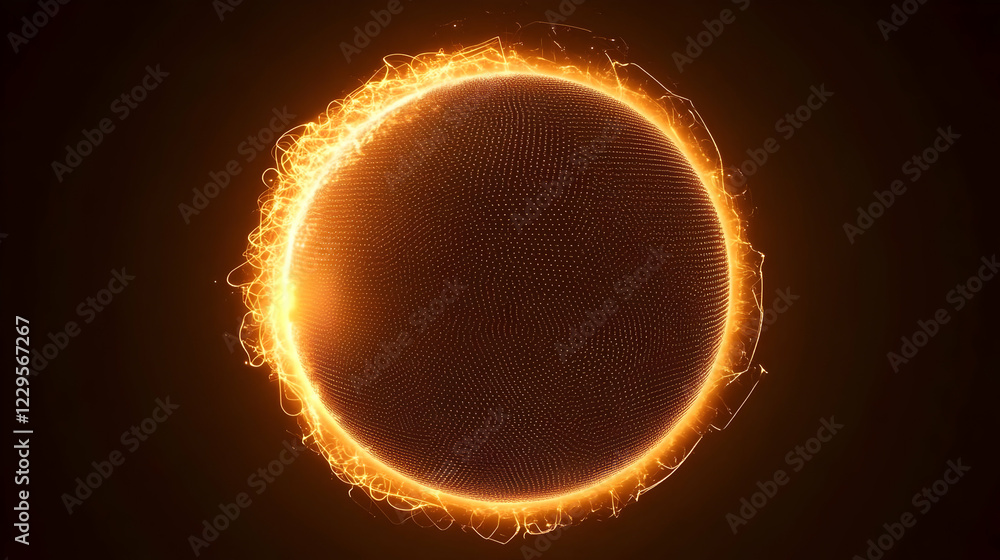 Poster abstract glowing sphere radiates energy dynamically in dark space background