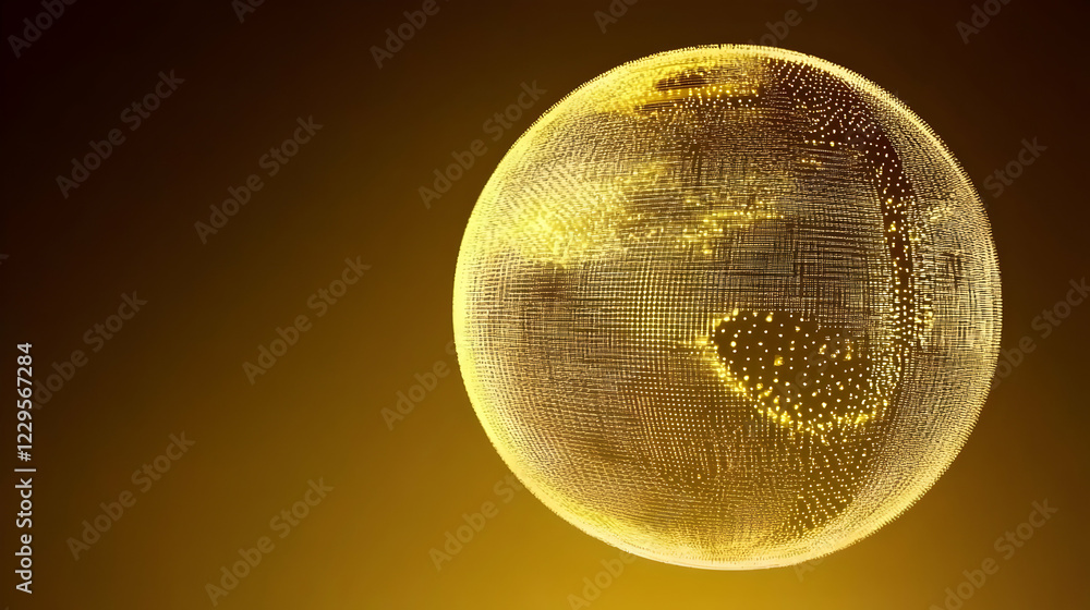 Poster golden abstract globe illustration with network connections and data points on dark background.