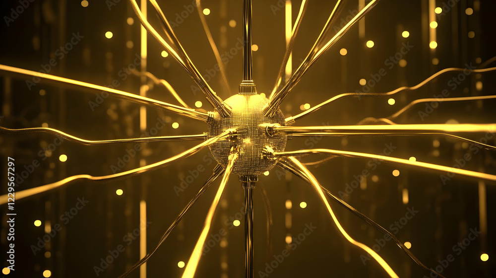 Poster golden sphere emits glowing tendrils in abstract 3d network visualization, signifying data flow and 