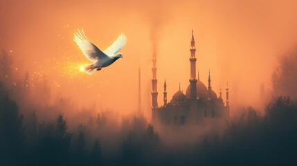 Obraz premium Magical dove soaring, mosque in misty dawn