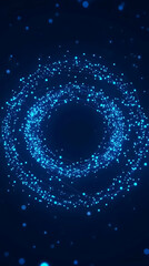 Abstract Blue Circular Network Forms Dynamically with Glowing Particles on a Dark Background
