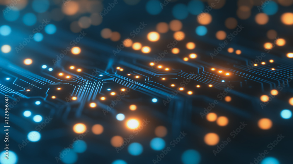 Poster circuitry glow: abstract close-up of a circuit board, illuminated by a mesmerizing array of glowing 