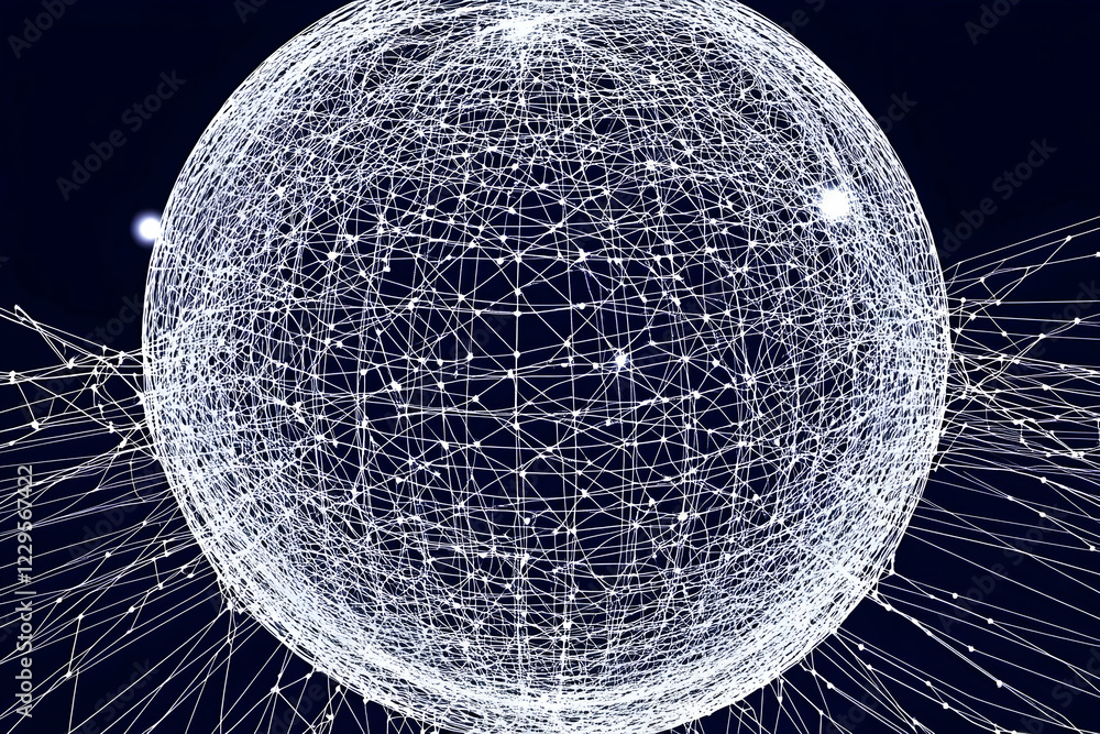 Poster white network sphere connects with intricate lines, forming a complex web on a dark background.
