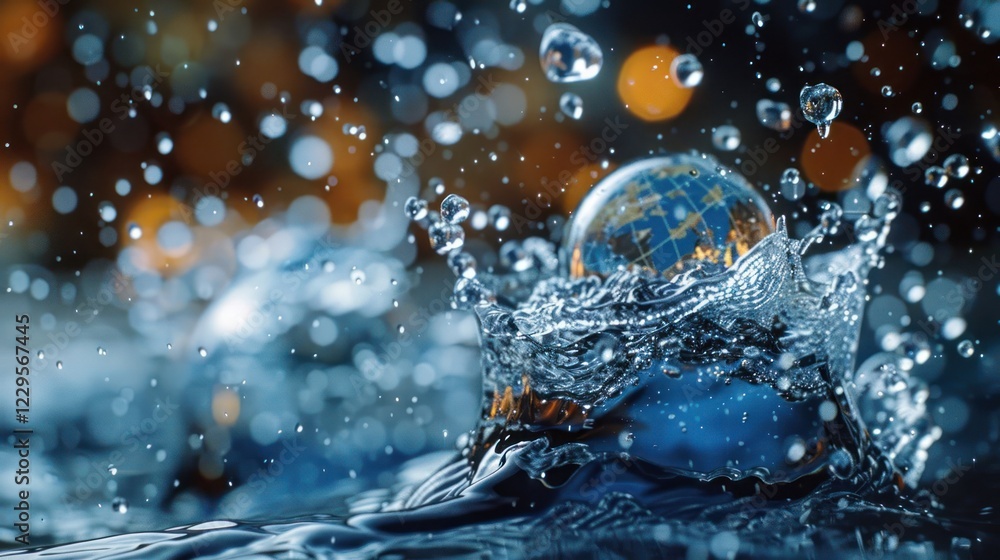 Aufkleber a globe splashes into water, creating ripples, with bokeh lights reflecting in the background