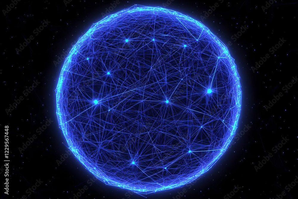 Poster abstract sphere with interconnected nodes glows brightly against dark background