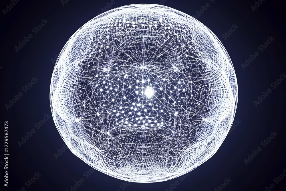 Poster abstract white glowing sphere with intricate network pattern on a dark background represents technol