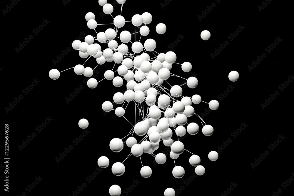 Poster white spheres connected by thin lines create an abstract structure against a black background