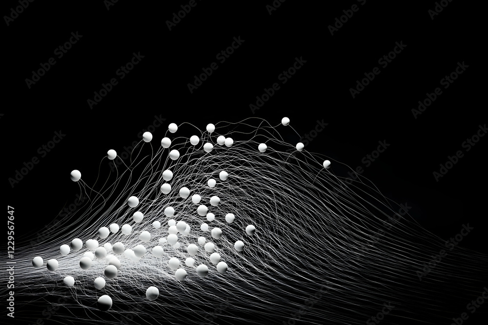 Aufkleber white spheres connected by thin white threads create an abstract 3d form against a black background.