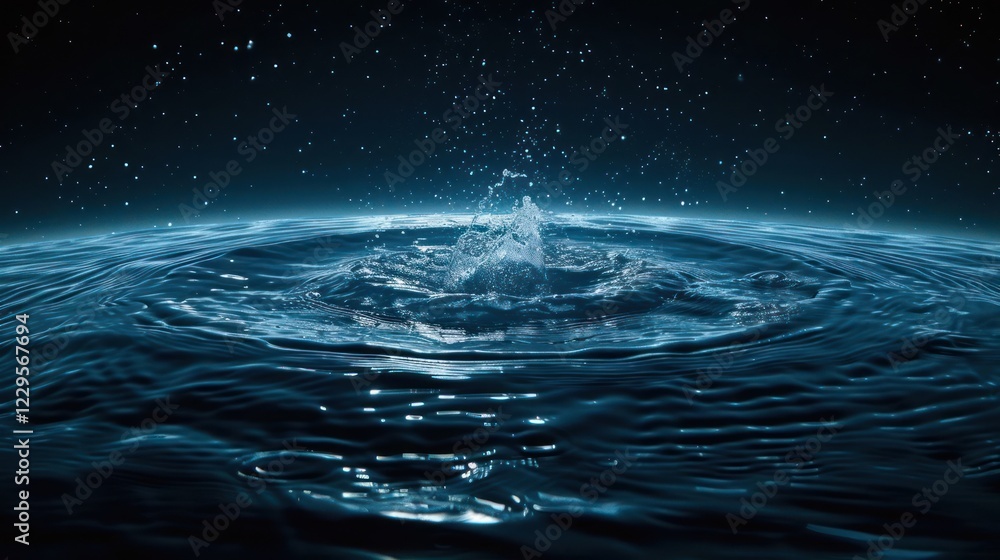 Poster a stunning close-up of water droplets splashing in a tranquil dark environment, creating ripples