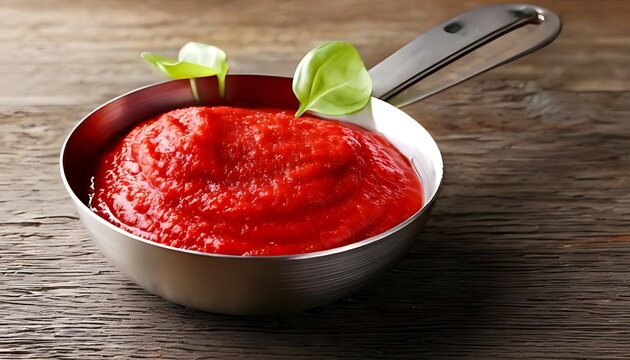 Two tablespoons of thick tomato paste sit in a measuring spoon or bowl