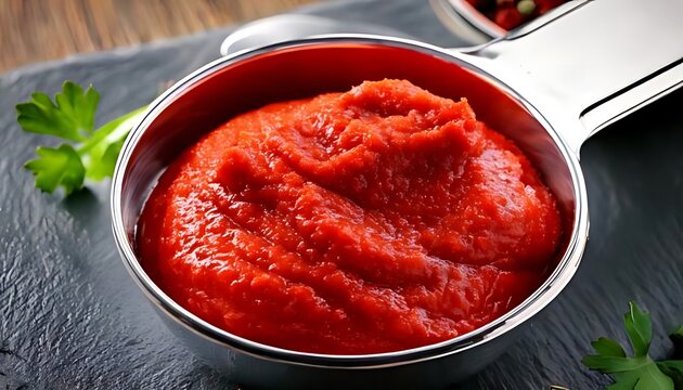 Two tablespoons of thick tomato paste sit in a measuring spoon or bowl