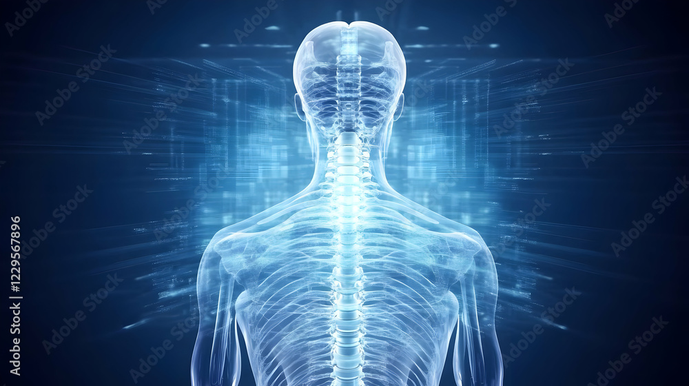 Poster 3d illustration: human spine and nervous system with abstract data stream background