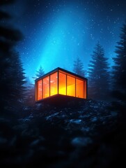 Mysterious cabin illuminates forest night remote location digital art serene environment atmospheric viewpoint