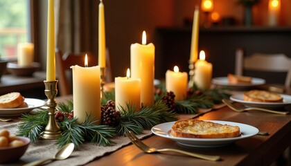 Obraz premium Festive Christmas Dinner Table Set with Candles and Fruit Bowl