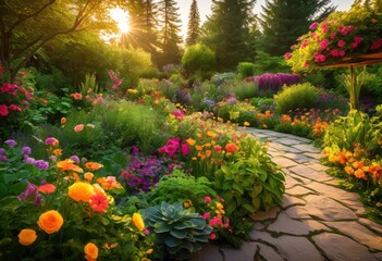 lush vibrant garden layout featuring diverse plant arrangements colorful flora creating inviting outdoor space, design, plants, blooming, flowers, foliage