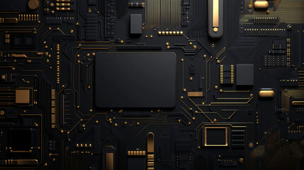 Fototapeta premium 3D black wallpaper, a flat surface with futuristic shapes and circuit patterns, tech-inspired design elements, a high-tech vibe, metallic texture, a dark color palette, geometric patterned textures, 