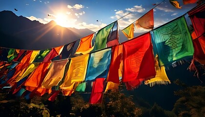 Vibrant prayer flags wave against a mountain backdrop at sunset.