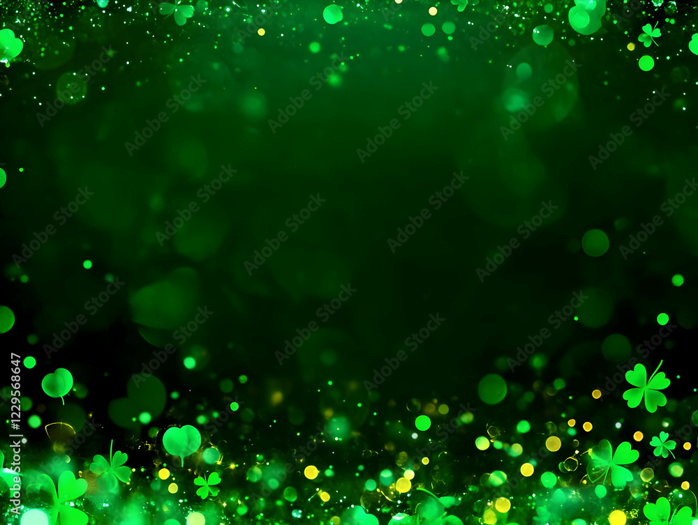 Poster green bokeh background with floating shamrocks creates a magical and enchanting atmosphere