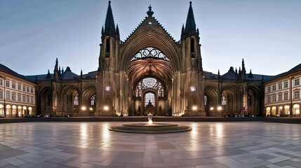 Obraz premium Majestic Cathedral Stands Tall with Illuminated Stained Glass Windows at Dusk in a City Square