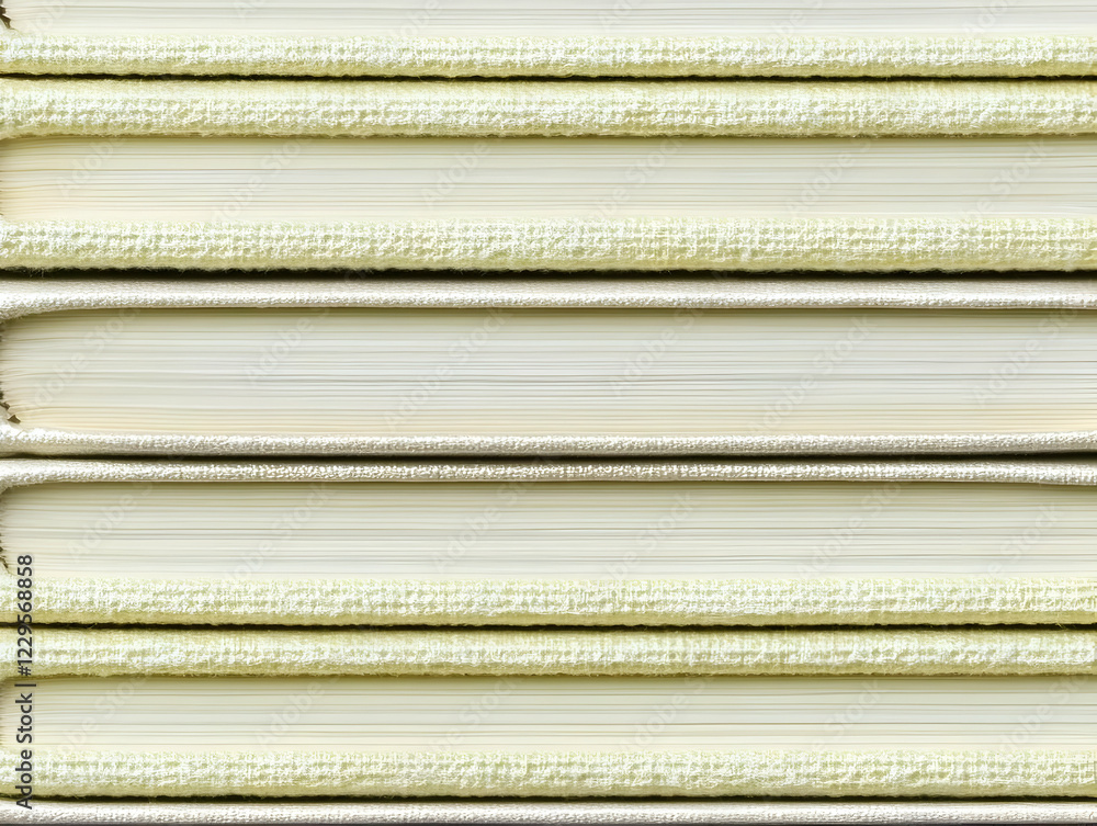 Poster close-up of stacked books showcasing textured spines and pages in a neat arrangement.
