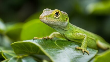 Fototapeta premium Green tree frog on leaf in natural habitat closeup. Perfect for wildlife conservation, environmental education, and nature photography.