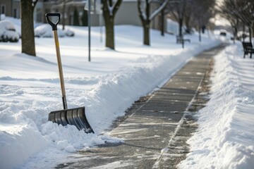 Snowy sidewalk cleared with a large snow shovel, ice, snow