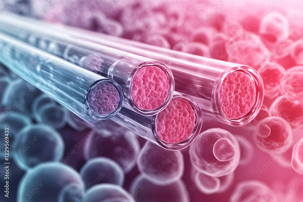 Poster microscopic view of muscle fibers enclosed in transparent tubes with cellular background