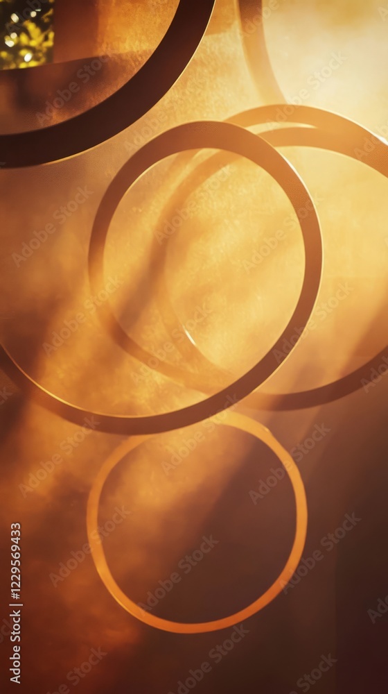Poster sunlight casting through circular shapes, creating an abstract pattern with warm tones and shadows.