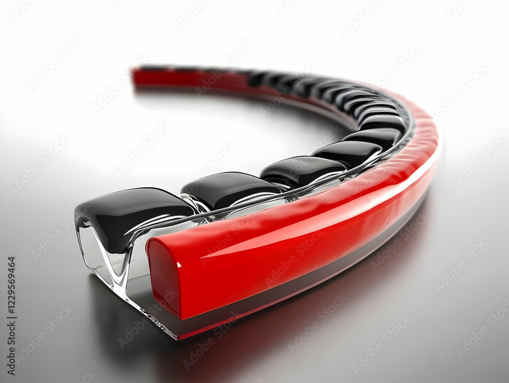Poster 3d illustration of red and black abstract structure with seats in arc on a gray background