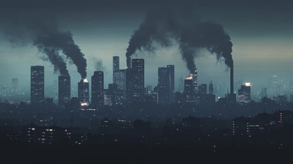 A striking urban landscape showcasing industrial buildings emitting smoke against a dark night skyline. Emphasizing pollution's impact on the environment.