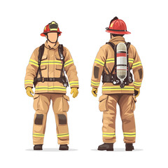 Vector illustration of a firefighter in full protective gear, including helmet, gloves, and oxygen tank, shown from front and back. Perfect for emergency, safety, and rescue-related designs.