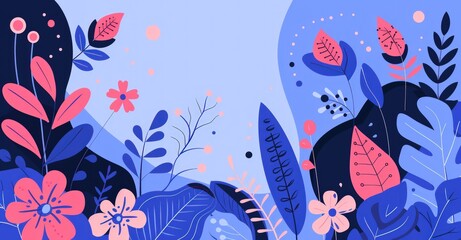 Vibrant Floral Garden: A Blue and Pink Botanical Illustration