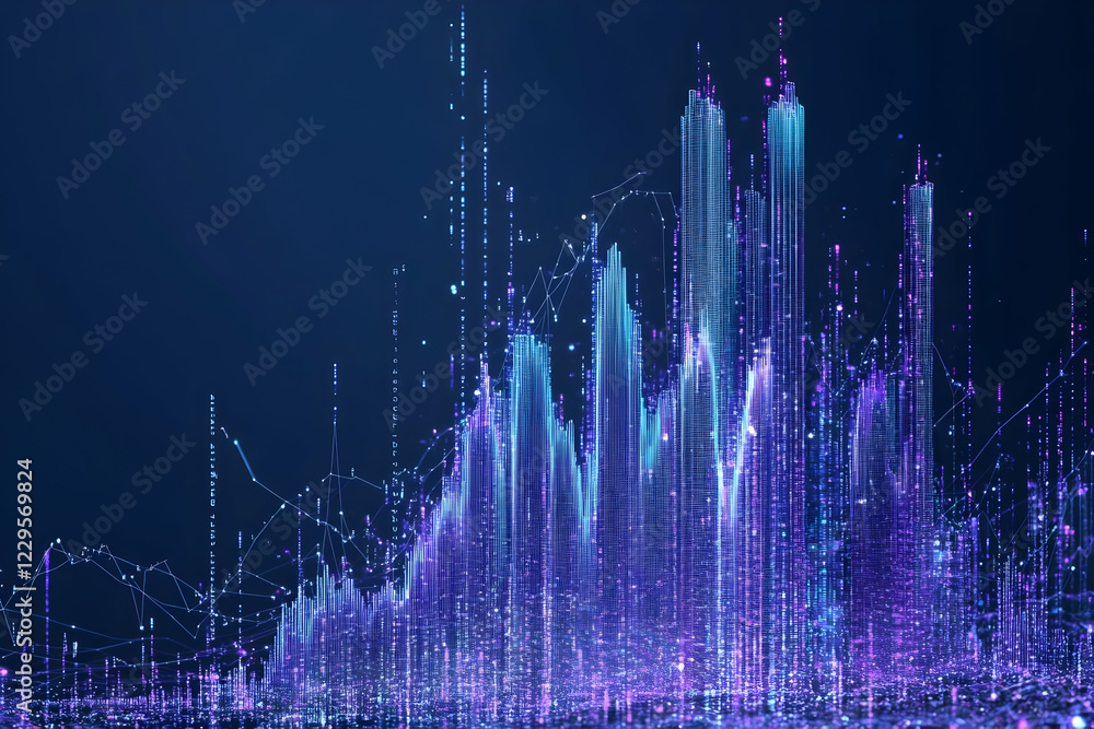 Poster abstract 3d cityscape with glowing lines and data streams illustrates technology and innovation