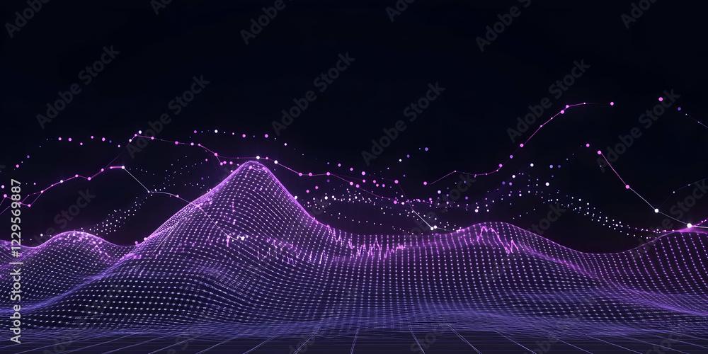 Poster 3d abstract purple landscape shows data flowing dynamically across gridded terrain