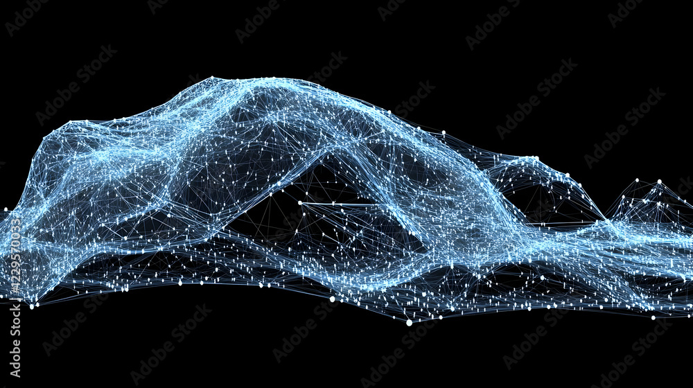 Poster abstract blue network waveforms flowing smoothly across a black background