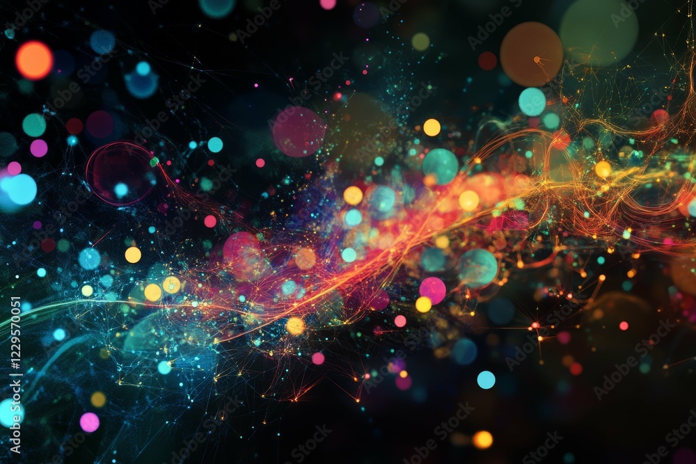 Poster explore a vibrant abstract digital universe of colorful lights and dynamic patterns