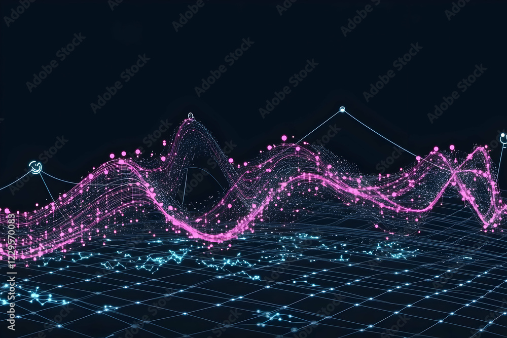 Poster Abstract 3D Data Visualization Shows Flowing Lines and Glowing Grid with Dynamic Particles Beautifully.