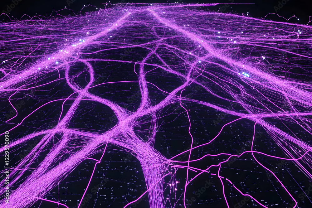 Poster abstract 3d illustration of purple glowing lines connecting points on a dark background with futuris