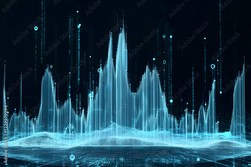 Poster abstract 3d visualization shows data flowing across a digital landscape with glowing lines