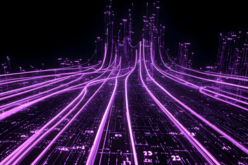 Purple Light Trails Flow Through a Futuristic Cityscape with Numbers and Symbols