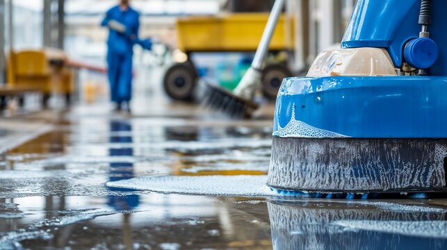 Industrial floor cleaning machine in action with water reflection. Ideal for commercial cleaning, facility maintenance, and janitorial services.