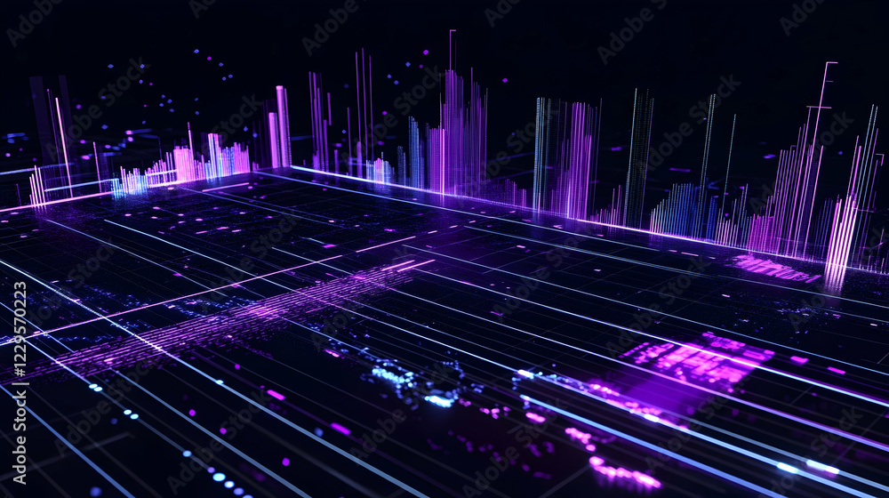 Poster 3d abstract background shows glowing lines, data visualization, and futuristic design elements.